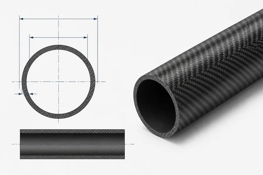 Carbon fiber tube section showing outer diameter, inner diameter, and wall thickness specification points