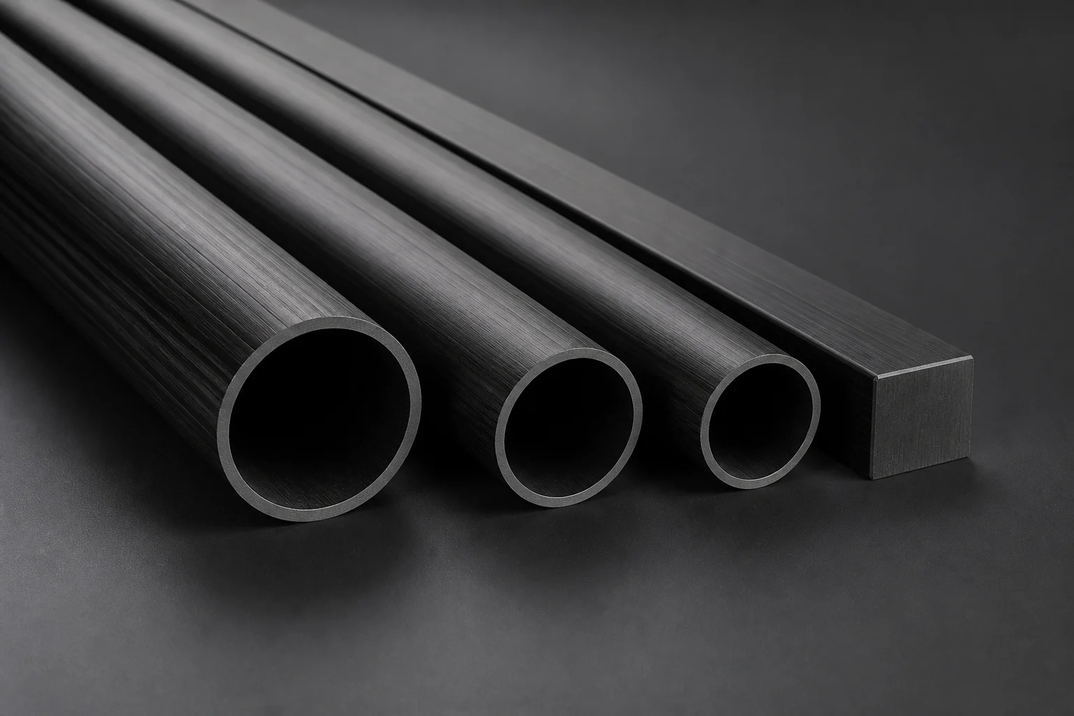 Illustrative pultruded carbon fiber round tubes and a solid rectangular profile with longitudinal surface lines