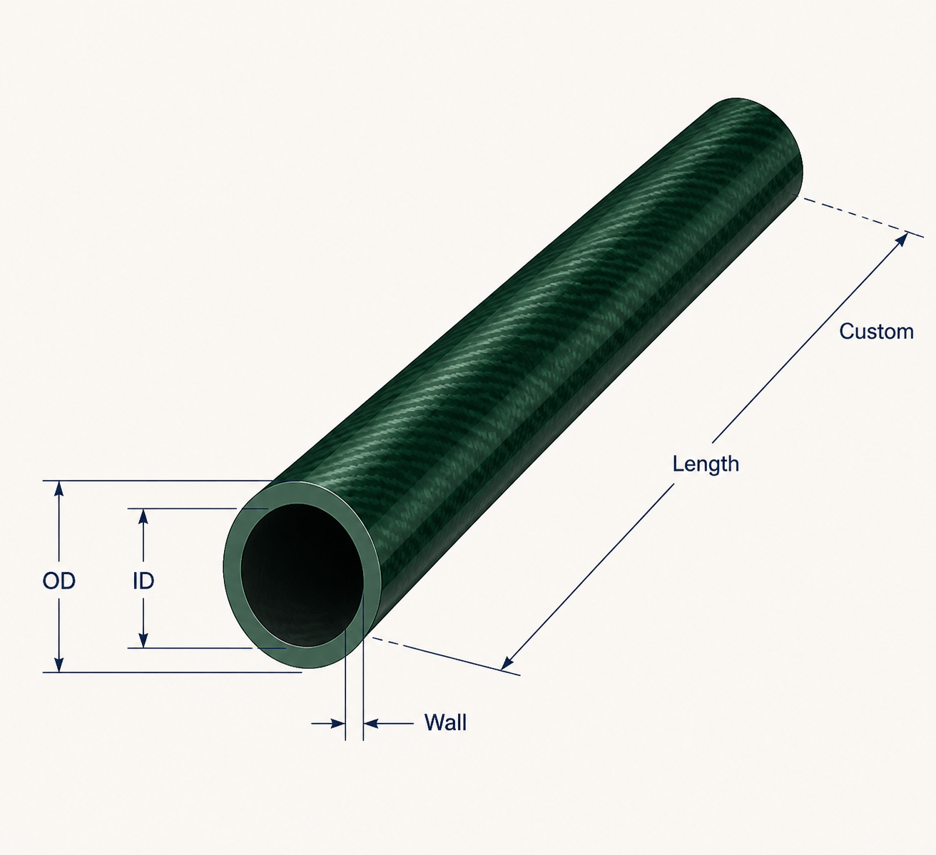 Green Plain-Weave Carbon Fiber Tube — technical view