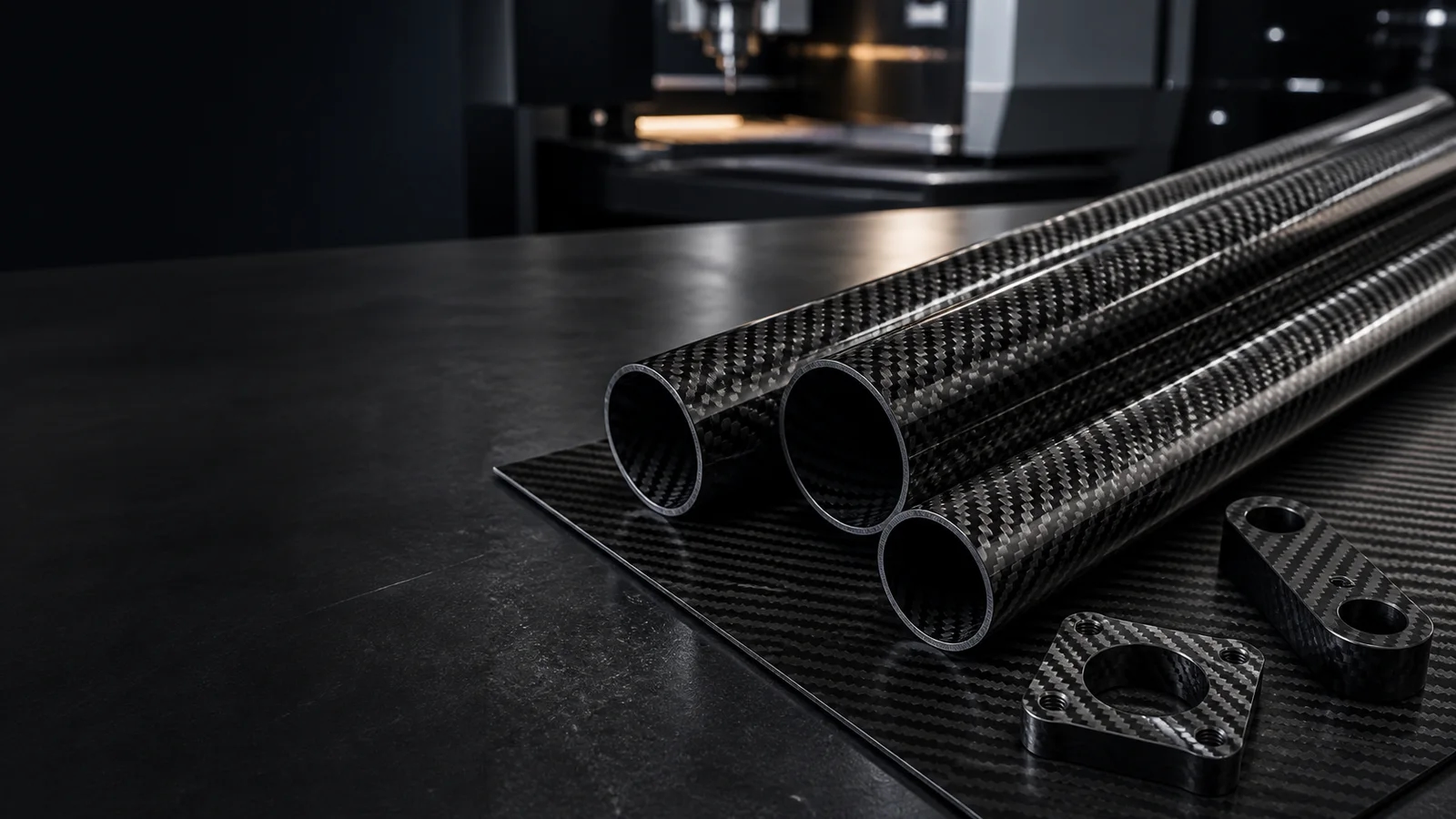 Carbon fiber tubes, sheet stock, and finished components illustrating material-form selection