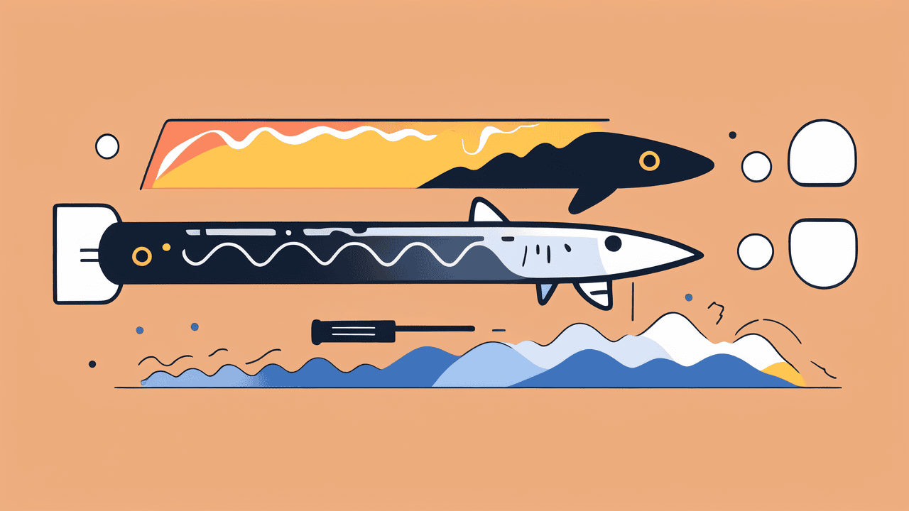 Illustration of two elongated fish with stylized designs on a peach background. The top fish has a yellow and black pattern, while the bottom fish features a white and black pattern. Waves and circles accentuate the aquatic theme.