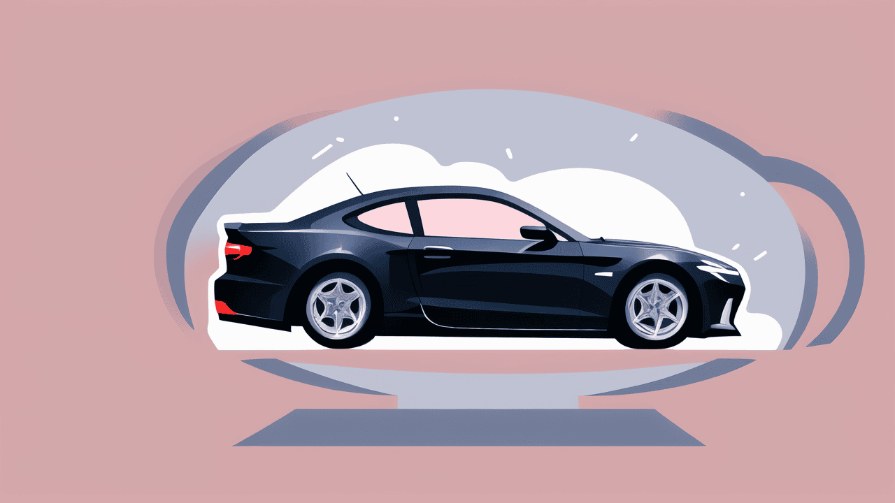 Illustration of a sleek black sports car, celebrating one of the top carbon fiber uses in sports, inside a reflective glass dome on a pink background. The car is depicted in profile with a smooth, streamlined design.