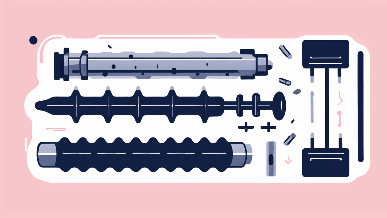Illustration of various mechanical parts on a pink background, featuring three carbon fiber tubes and two rectangular components with vertical bars, surrounded by scattered smaller pieces like bolts and screws.